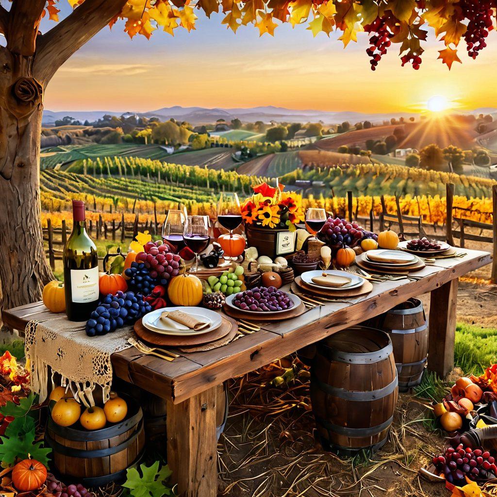 A rustic wooden table overflowing with an array of gourmet dishes and wine bottles, surrounded by vibrant grapes and autumn leaves, with a backdrop of a picturesque vineyard under a golden sunset sky. Include festive decorations like lanterns and small flags representing different wine festivals around the world. The scene should evoke a sense of celebration and heritage in winemaking. super-realistic. warm colors. vibrant details.