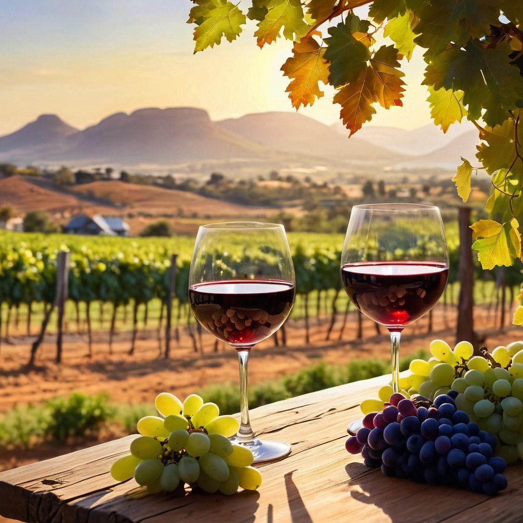 A picturesque South African vineyard during sunset, showcasing grape vines laden with ripe grapes in the foreground, with a silhouette of a skilled winemaker gently inspecting a bunch of grapes. In the background, the rolling hills and a winery bathed in golden light add warmth to the scene. Include wine glasses filled with red and white wine set on a rustic wooden table in the foreground to emphasize the journey from grape to glass. watercolor painting, vibrant colors, soft focus.