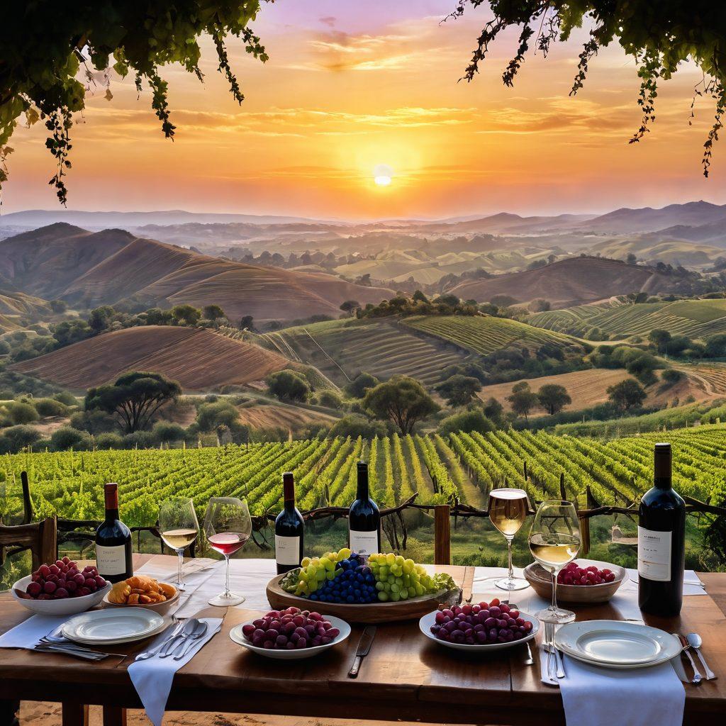 A picturesque South African vineyard landscape showcasing rolling hills covered with lush grapevines, highlighted by a stunning sunset. In the foreground, a wooden table laden with a variety of rich wines and traditional dishes, inviting viewers to explore culinary delights. Include a silhouette of a couple toasting with wine glasses. Watercolor style. warm colors. serene atmosphere.